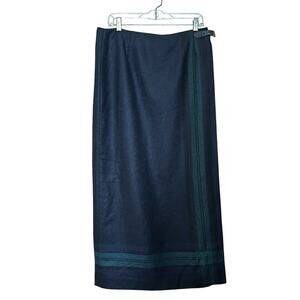 TALBOTS NAVY BLUE & GREEN ITALIAN WOOL NYLON LONG WRAP SKIRT SIZE 16